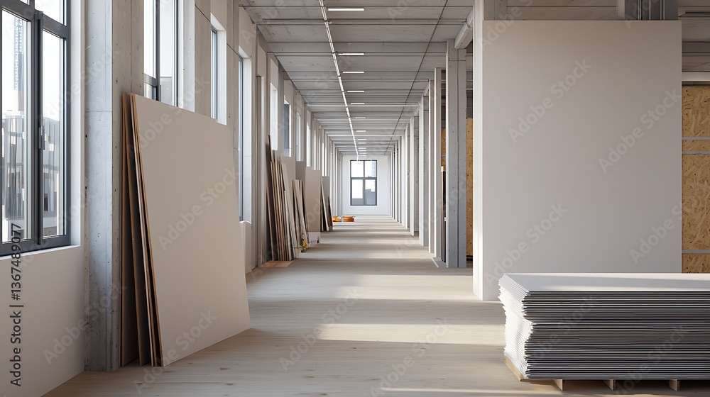 Poster a bright, spacious corridor featuring stacked materials and large windows, creating a modern and min