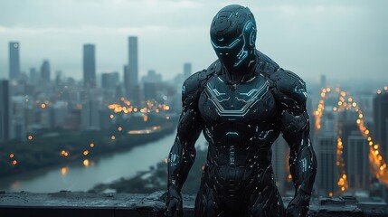 A futuristic cyborg or warrior clad in high tech armor stands amid a neon lit city skyline at night conveying a sense of power mystery and the of technology and humanity