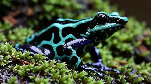 Vibrant poison dart frog crawling on lush green moss in tropical habitat