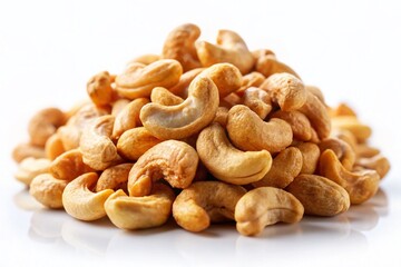 Fototapeta premium Delicious Roasted Cashews Pile, Healthy Snack Food, White Background, Tilt-Shift Photography