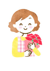 笑顔でカーネーションの花束を持っている母親の上半身イラスト