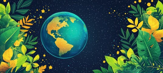 Glowing earth surrounded by vibrant tropical leaves on a navy night