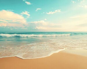 Obraz premium Serene summer beach with soft pastel skies, gentle waves, and golden sand, perfect tranquil vacation backdrop