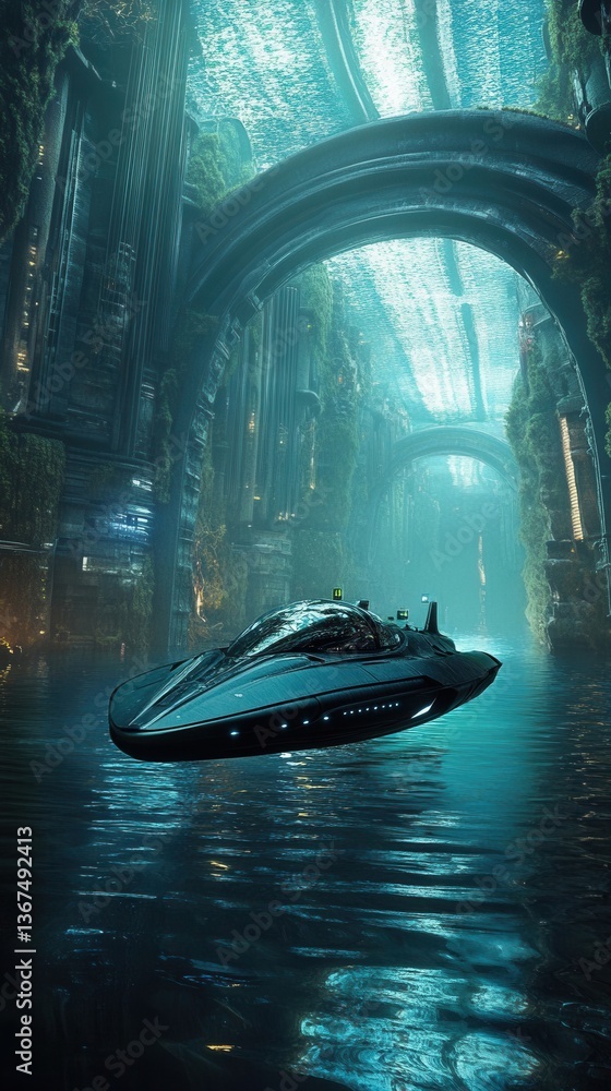 Poster futuristic vehicle navigates a waterway within a large architectural structure