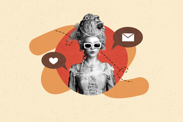 Composite trendy magazine photo collage of happy duchess girl wear sunglass receive social media...
