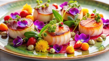 Obraz premium Gourmet Pan-Seared Scallops with Vibrant Floral Garnish and Colorful Fruit Accompaniments on an Elegant Plate