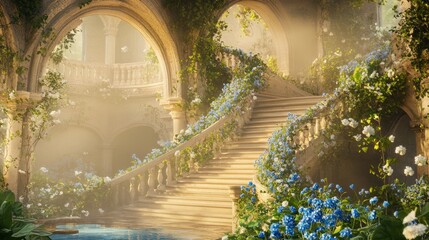 Spring festive marble stairs and arches with blue forget-me-not and daisy flowers decorations, fantasy palace, stone spiral stair with floral garlands, fairytale princess castle interior, AI generated