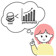 若い女性がコスパ・コストパフォーマンスについて説明しているイラスト