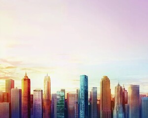 Fototapeta premium A vibrant city skyline at sunset, showcasing a mix of modern skyscrapers against a colorful sky.