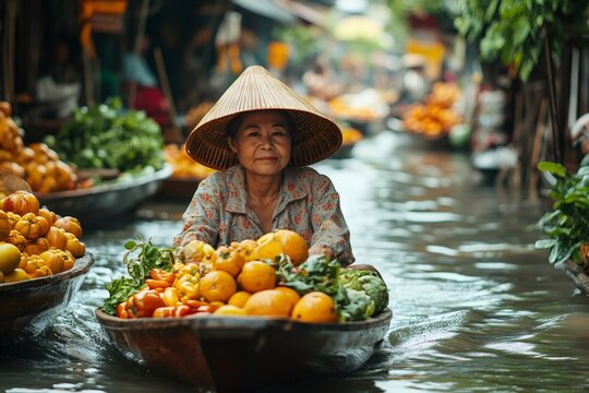 Vietnamese vendor paddling and selling fresh fruits and vegetables at cai rang floating market
