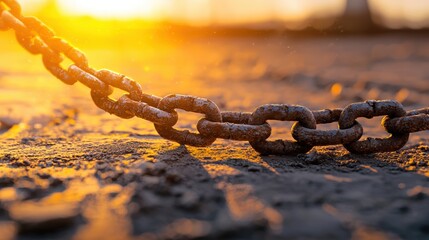 A close-up of an old, rusty chain lying on a gritty surface, illuminated by warm sunlight, creating a dramatic contrast.