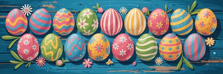 Obraz premium Vibrant Hand-Painted Easter Eggs with Unique Artistic Patterns Colorful Designs Arranged on Rustic Blue Wooden Surface with Festive Spring Elements for a Cheerful and Joyful Easter Holiday Celebration
