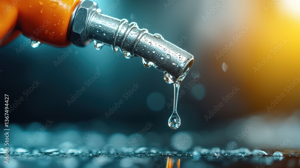 Poster close up of a single water droplet gently falling and creating a mesmerizing splash on a brightly co