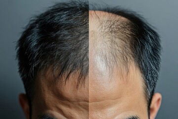 Obraz premium Man showing forehead before and after hair treatment or transplant