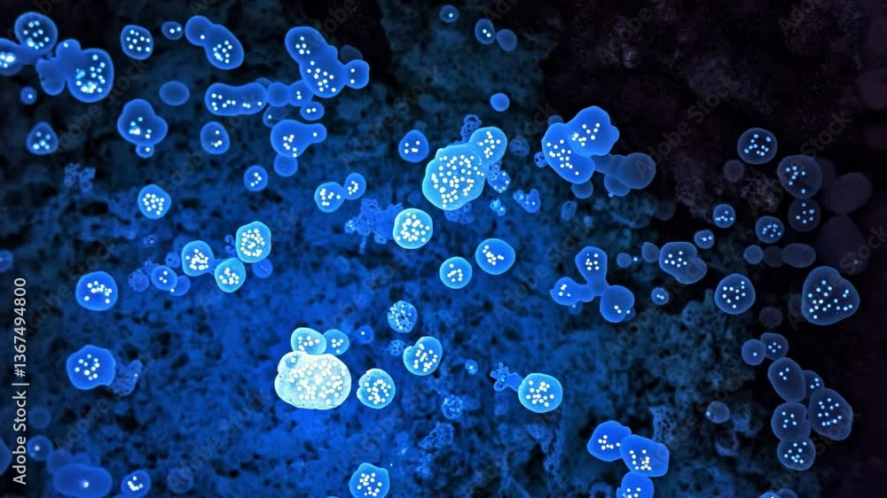 Poster luminescent microscopic world: intricate abstract imagery of glowing microscopic organisms and glowi
