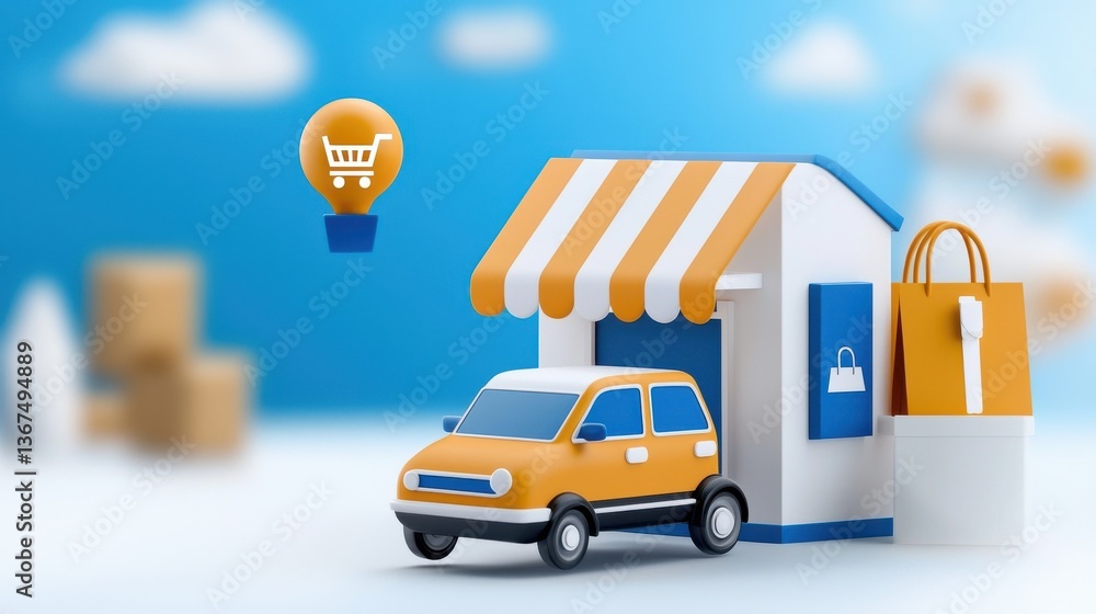 Poster 3d rendering of an ecommerce online shopping cart and a parked car in front of a retail store facade