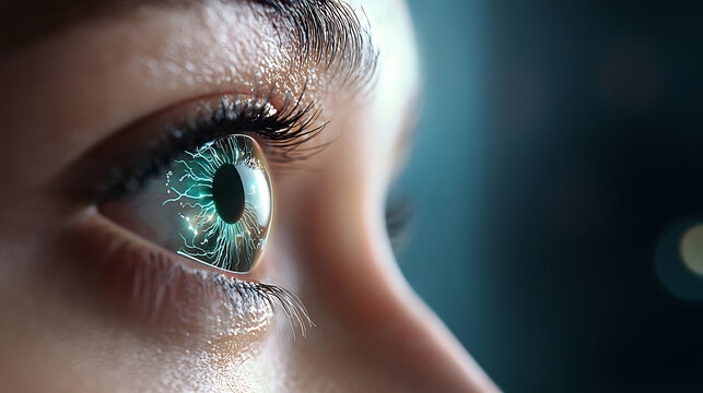 Futuristic eye technology showcasing augmented reality woman urban setting digital artwork high-tech environment close-up viewpoint