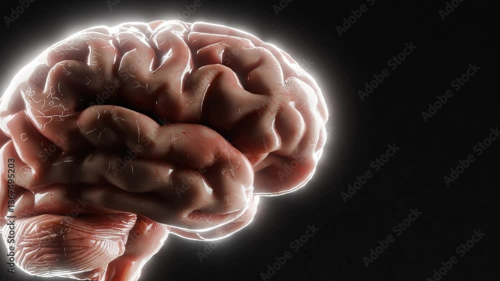 Poster a close-up of human brain isolated on black background with glowing outline. 3d digital illustration