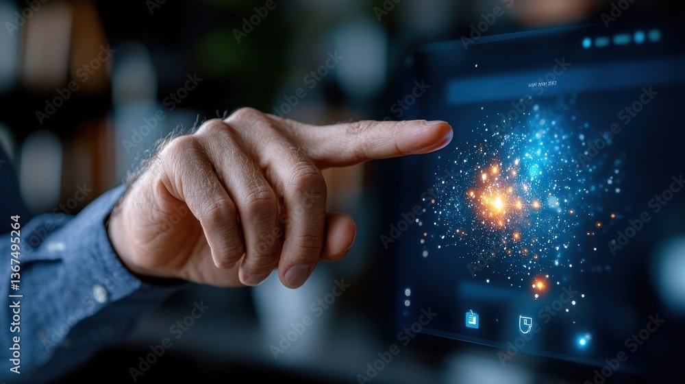 Poster close up of a human hand pointing and interacting with a futuristic holographic digital interface sh