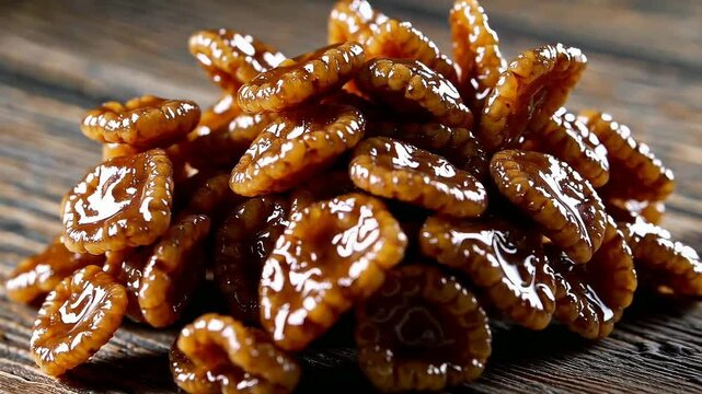 Glazed pecans moving on rustic wooden surface: a tempting culinary journey