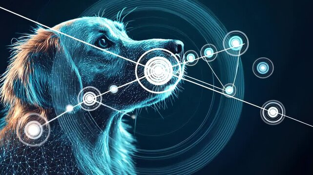 A dog portrait representing pet care using futuristic data and analytics