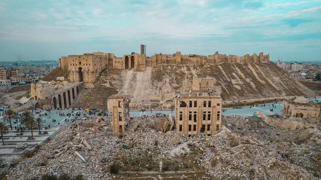 Aerial view of the ancient Citadel of Aleppo in Syria.