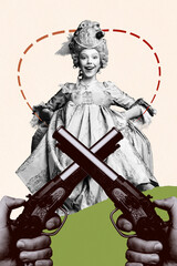 Composite sketch design artwork photo collage of hand hold gun shooting young lady smile wig aristocracy style accessory vintage fashion