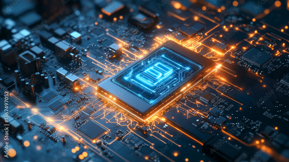 Poster 3d illustration: advanced mobile microprocessor connecting with a motherboard and activates entire s