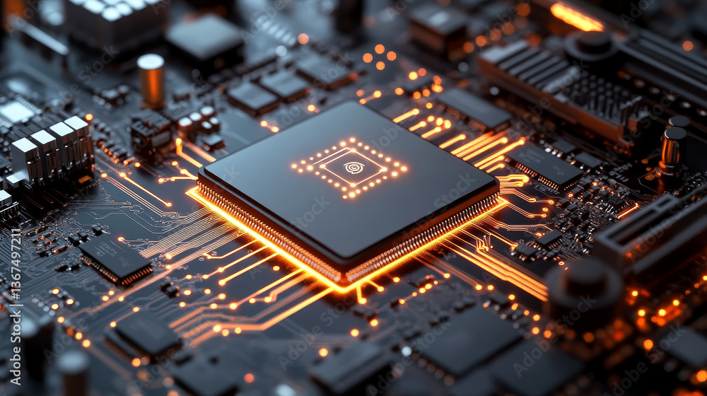 Poster 3d illustration: advanced mobile microprocessor connecting with a motherboard and activates entire s