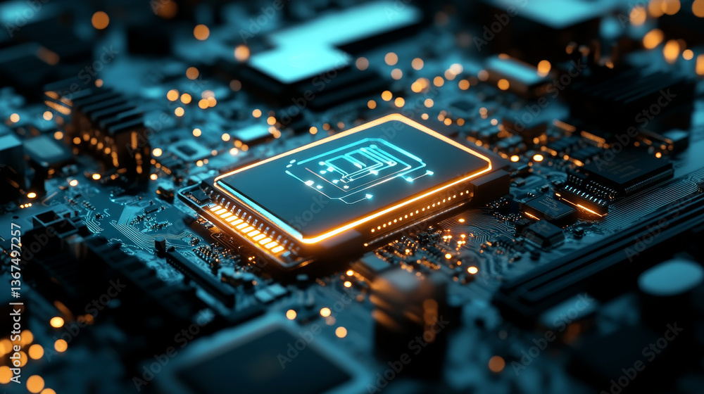 Poster 3d illustration: advanced mobile microprocessor connecting with a motherboard and activates entire s
