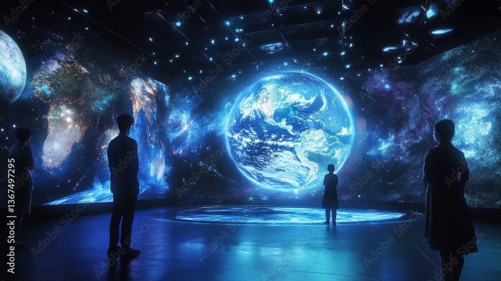 Poster people observe a projected earth and space display in a large room