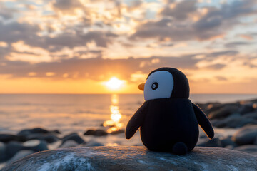 Back view of a penguin plush sitting on a stone and looking at the sea with a sunset sky in the background.
