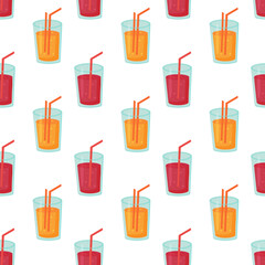 Seamless Pattern with cocktail orange and purple color in glass with straw. Fresh summer drink. Vector illustration.