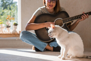 A talented female musician sits with a cat and composes songs on the guitar. She plays a calm...