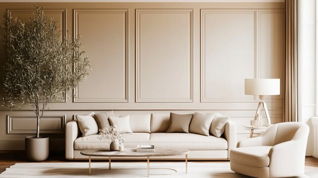 Elegant Minimalist Living Roo. Neutral Tones, Classic Paneling, and Modern Furniture, Zoom Virtual Background. Virtual Meeting. Cozy Interior Backdrop, Stylish Living Room Design. Contemporary Spaces
