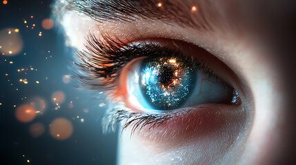 Futuristic vision of a radiant woman with glowing eyes at a sci-fi event digital art concept ethereal environment close-up perspective