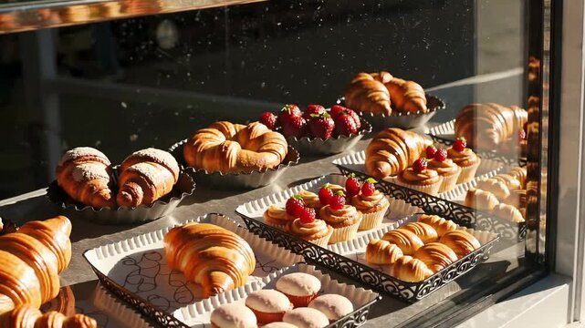 Tempting pastries in sunlit bakery display showcasing fresh croissants and sweets