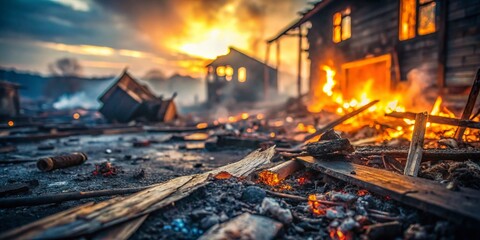 Documentary Photo: Fire Damage Aftermath, Burning Building, Smoke, Ashes, Disaster Relief