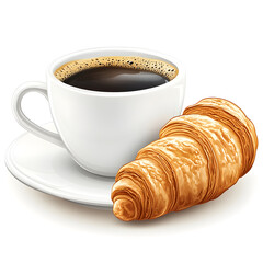 Freshly baked croissant accompanying a cup of coffee on white background