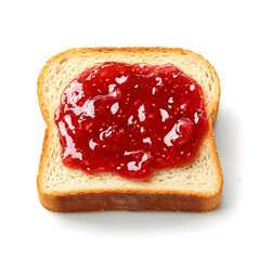Toasted slice of bread covered with raspberry jam on white background