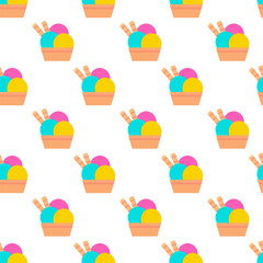 Seamless Pattern. Three balls Ice cream in cup with waffle tubes. Sweet food. Vector flat illustration.