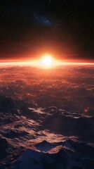 A beautiful sunrise over a distant mountainous planet surface