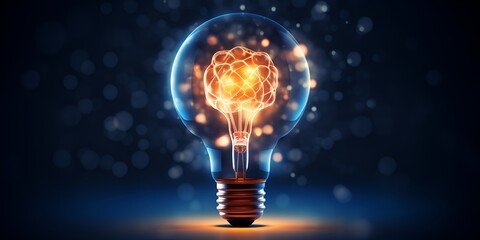 A light bulb with a glowing brain inside, symbolizing creative thinking and innovation against a dark blue background. bokeh background