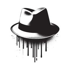 Monochrome depiction of a classic trilby hat with dripping paint style effect