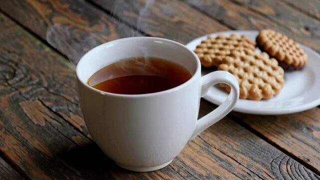 Morning tea with biscuits on rustic wood: closeup sequence capturing tranquil breakfast moments