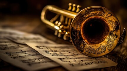 Fototapeta premium Golden Trumpet on Music Sheets