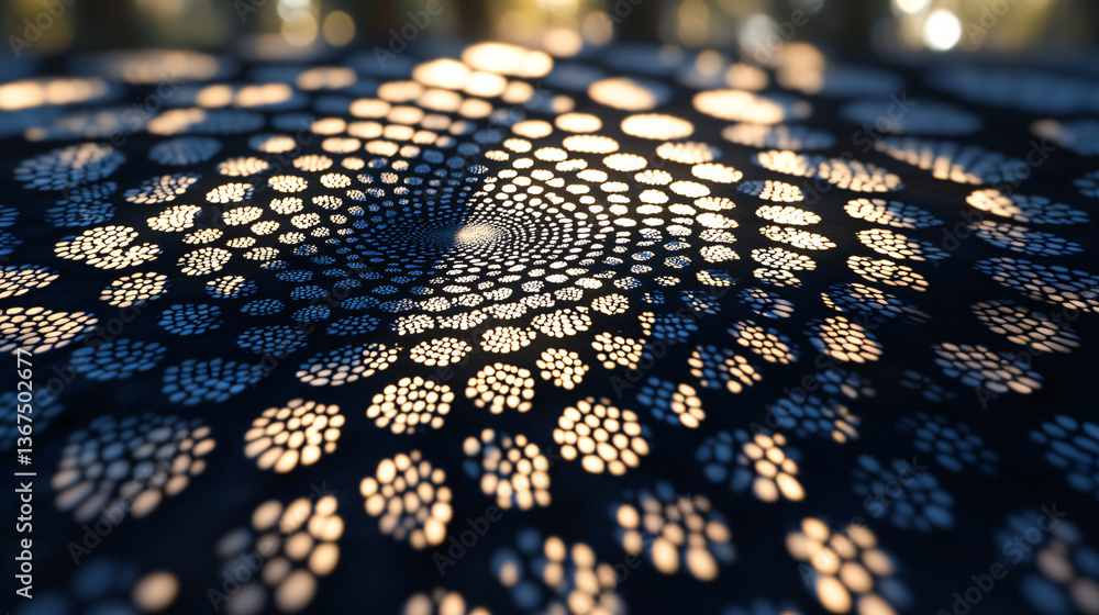 Poster close-up view of a table featuring a unique pattern with dramatic shadows enhancing the intricate de