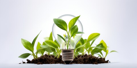A light bulb with green plants inside on a white background, a concept of eco-friendly energy 