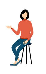 Simple illustration of a woman in a red turtleneck talking while sitting in a chair