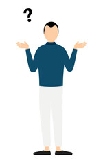 Simple illustration of a man in a blue turtleneck asking a question